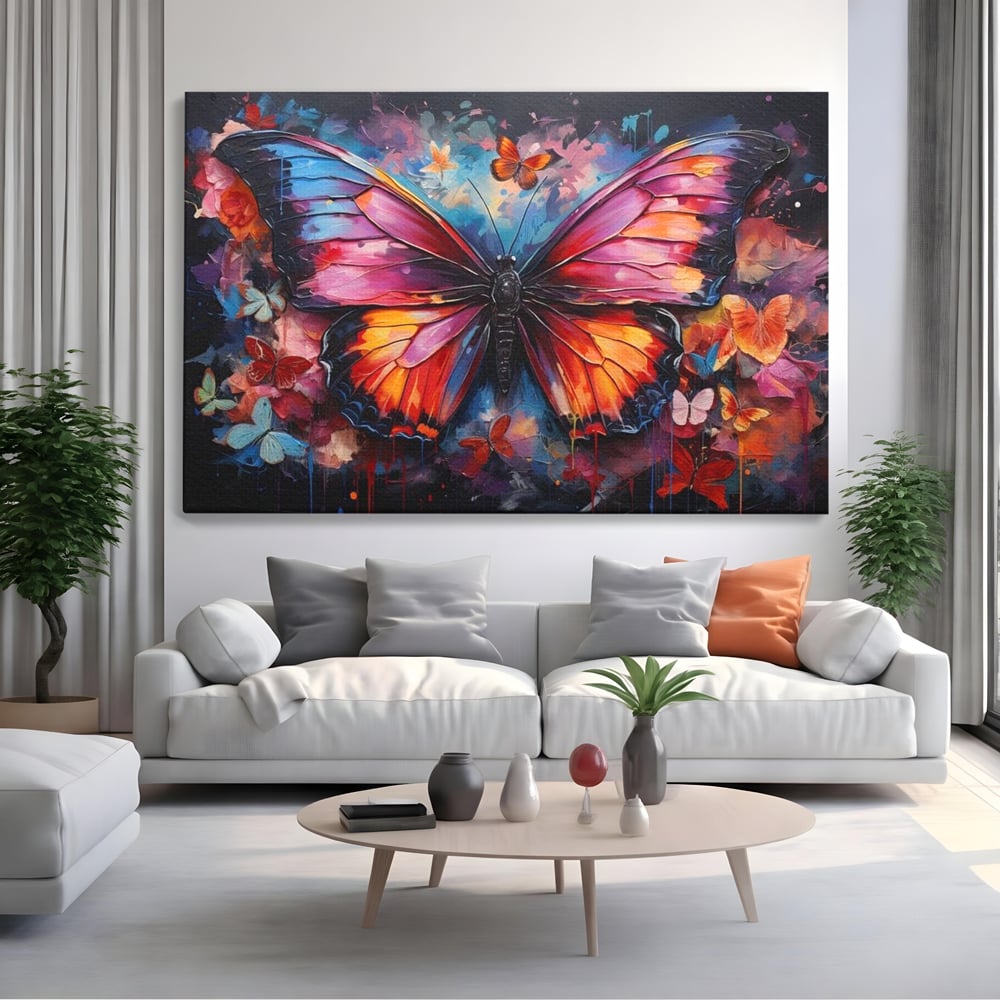Tablou canvas cu tablou canvas cu fluture central multicolor, fara rama, pe sasiu de lemn, pe perete intr-un living